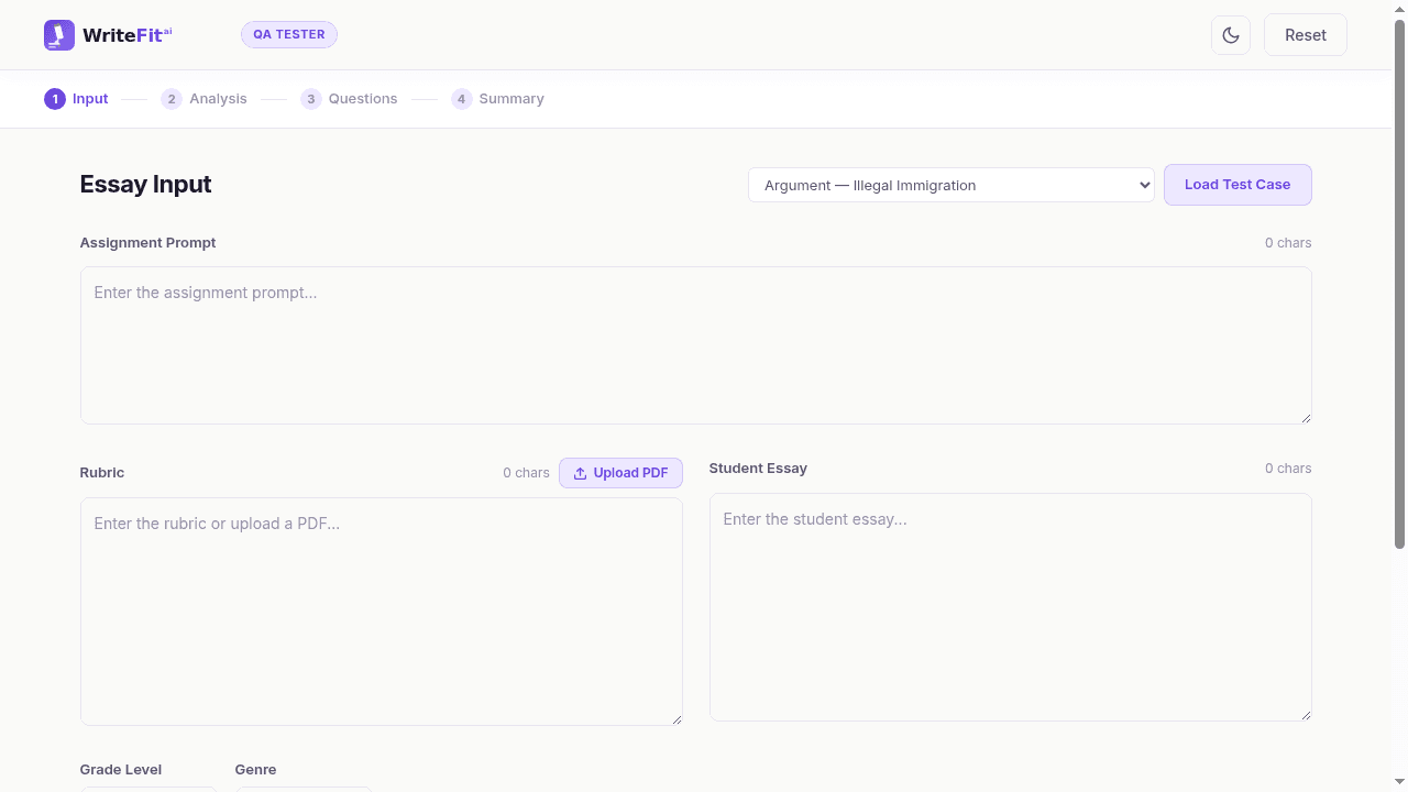 WriteFit product interface showing the essay submission and analysis workflow